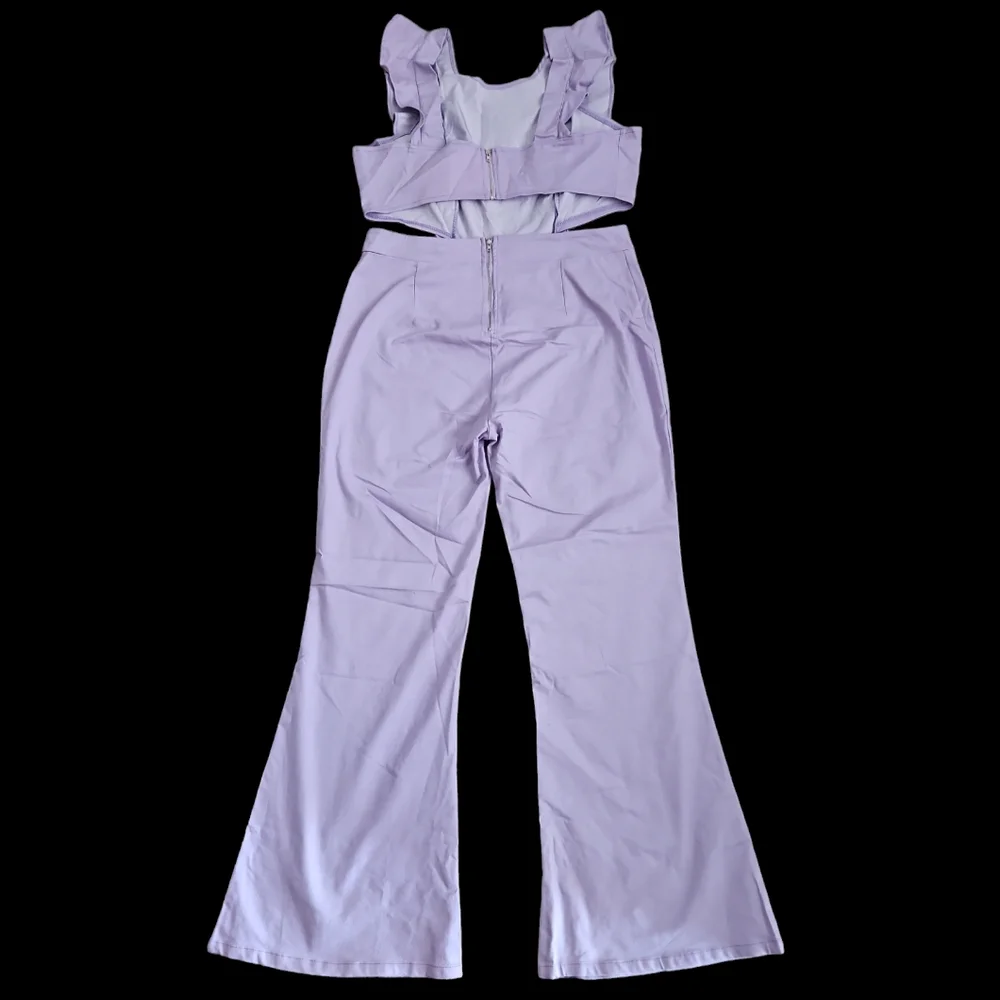 Women's Flutter Ruffle Trim Cutout Waist Jumpsuit Lavender